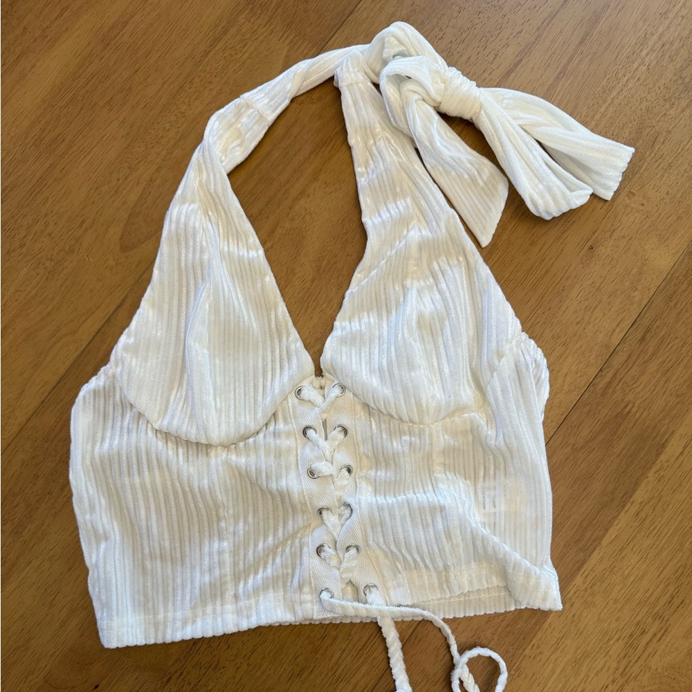 White Ribbed Halter Lace-Up Crop Top